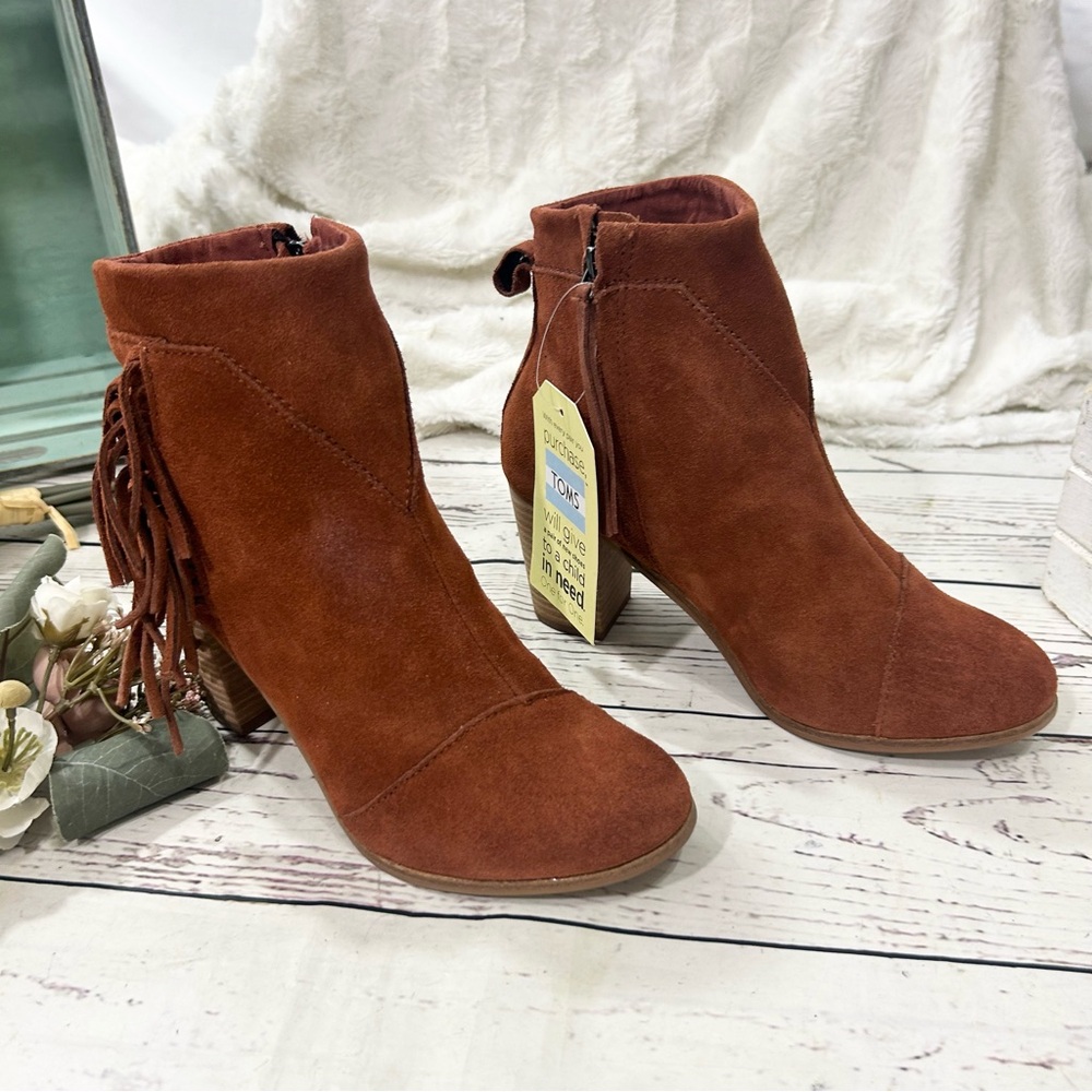 toms lunata western boho cognac fringe ankle suede booties nwt - Picture 3 of 9